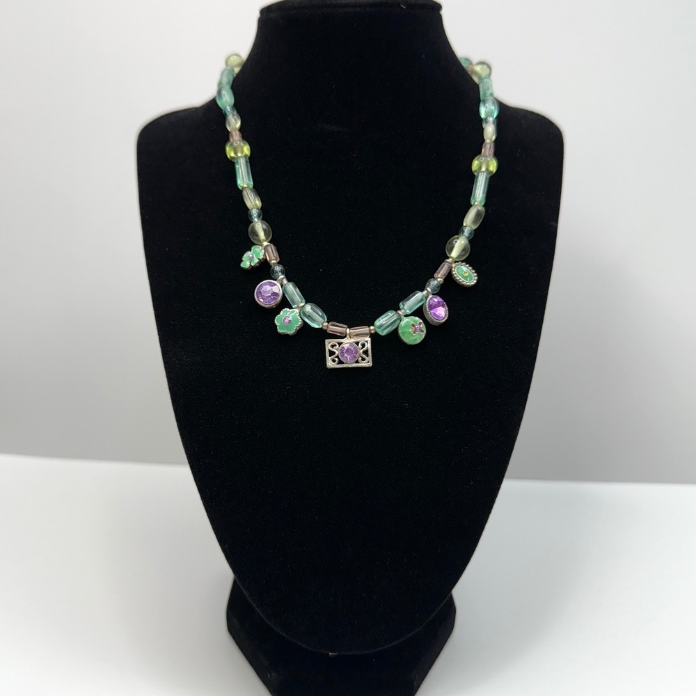 Laila Rowe Acrylic Beaded Charm Necklace Silver Tone Rhinestone Accent Jewelry